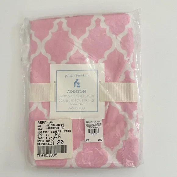 NEW! Pottery Barn Kids Addison Sabrina Basket Liner Medium Pink - Picture 3 of 3